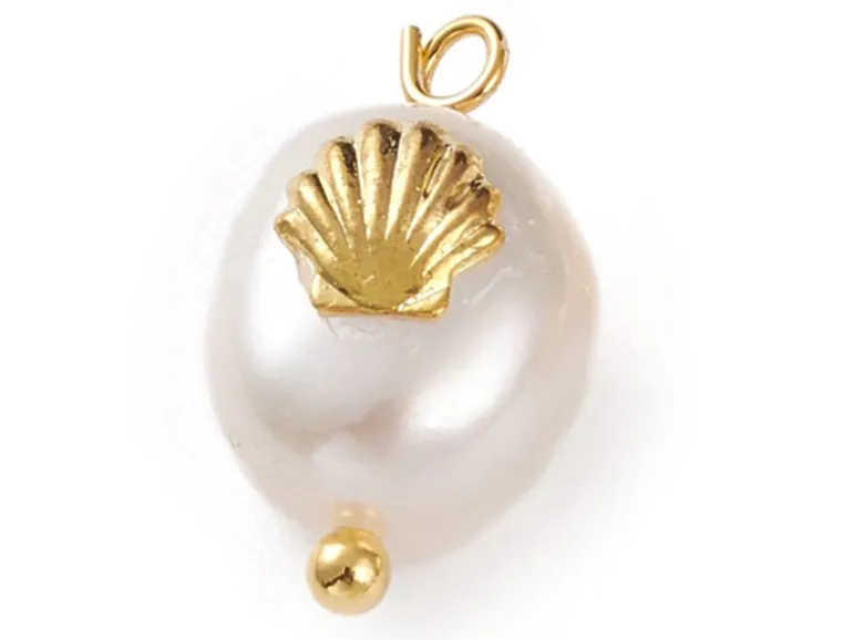 Pendentif perle de culture - Avec décoration coquillage doré - 13 x 9 mm