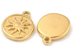 Pendentif rond avec soleil en acier inoxydable 304 doré à l’or fin 18 K
