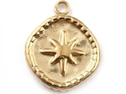 Pendentif rond avec étoile du nord - 17 x 13 mm - doré à l'or fin 24K