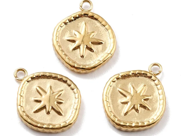 Pendentif rond avec étoile du nord - 17 x 13 mm - doré à l'or fin 24K