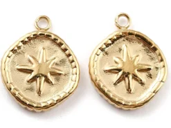 Pendentif rond avec étoile du nord - 17 x 13 mm - doré à l'or fin 24K