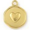Pendentif rond plat avec cœur en acier inoxydable 304 plaqué or 18K
