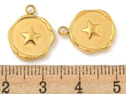 Pendentif rond plat avec étoile en acier inoxydable 304 plaqué or 18K
