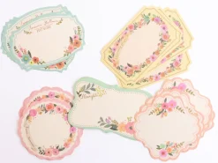 Stickers étiquettes en papier - Fleurs bleu-gris, lot de 30